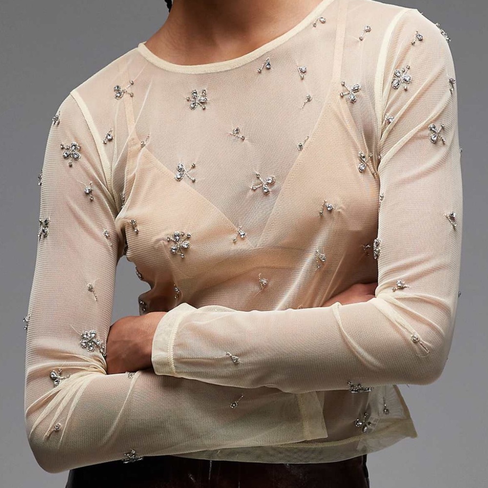 Embellished Sheer Cream Top